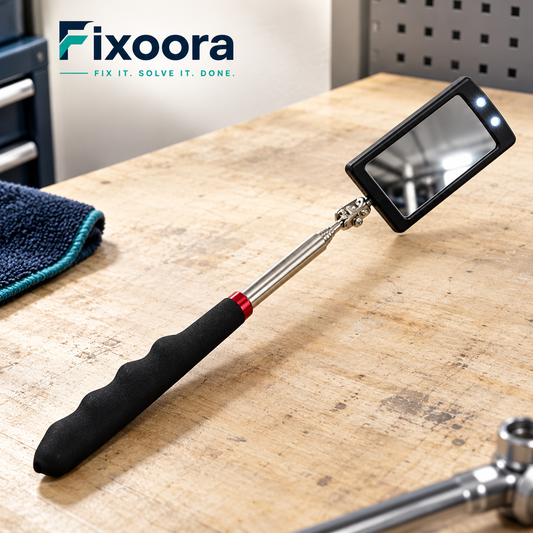 Fixoora Telescopic Inspection Mirror, rectangular LED version on a workbench