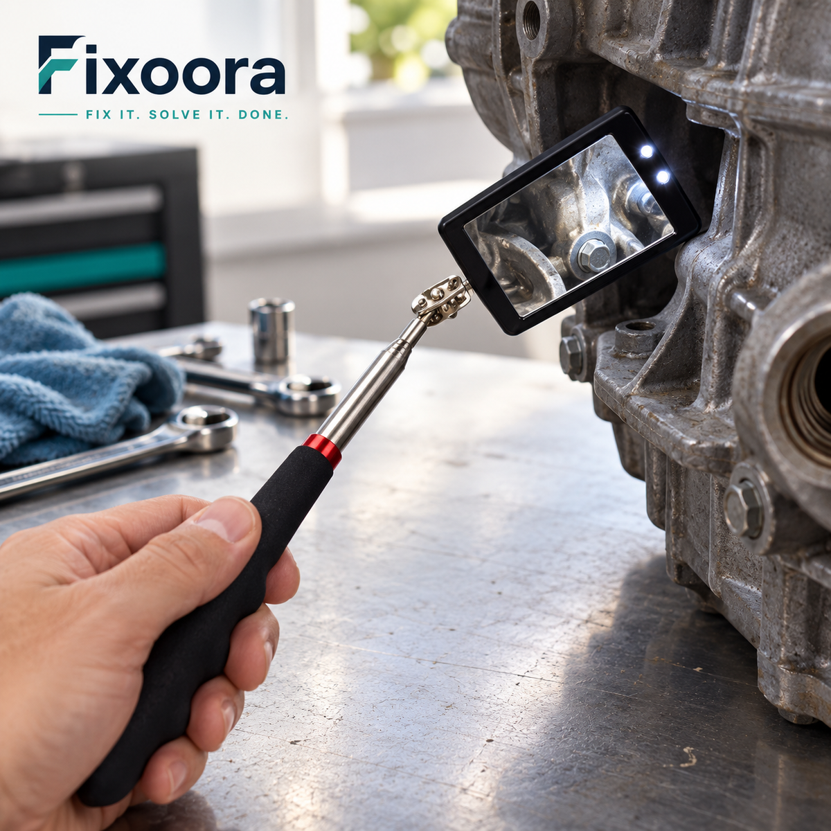 Fixoora Telescopic Inspection Mirror, rectangular LED version inspecting a stationary mechanical component