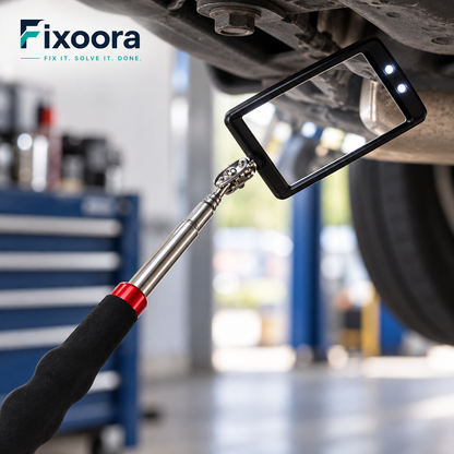 Fixoora Telescopic Inspection Mirror, close view of the LED head and pivot joint
