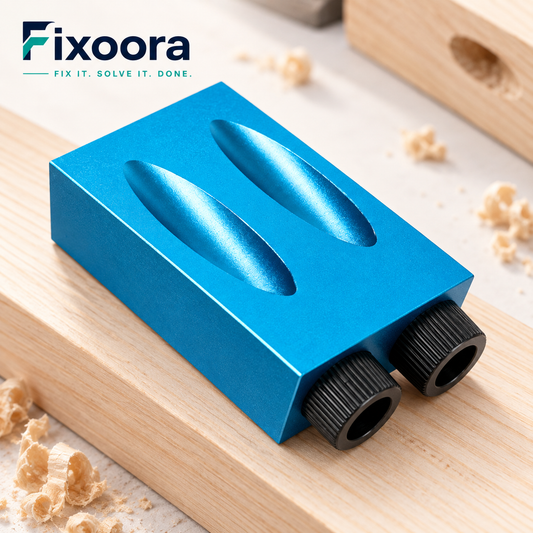 Fixoora 15 Degree Pocket Hole Jig Kit showing the blue jig body and installed adapters