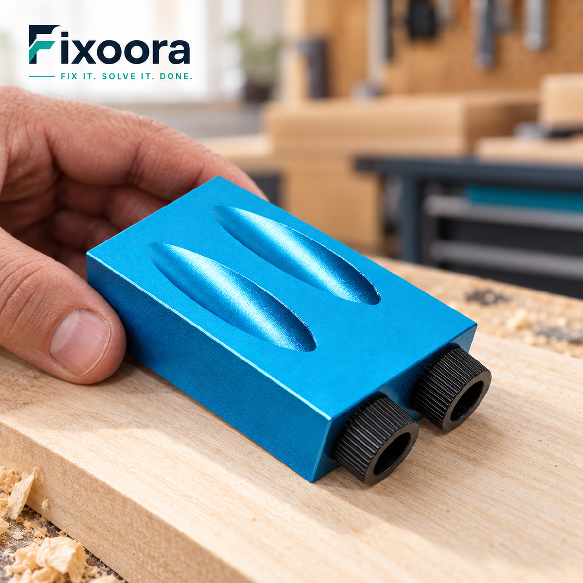 Fixoora 15° Pocket Hole Jig Kit, blue jig positioned on timber for a woodworking project