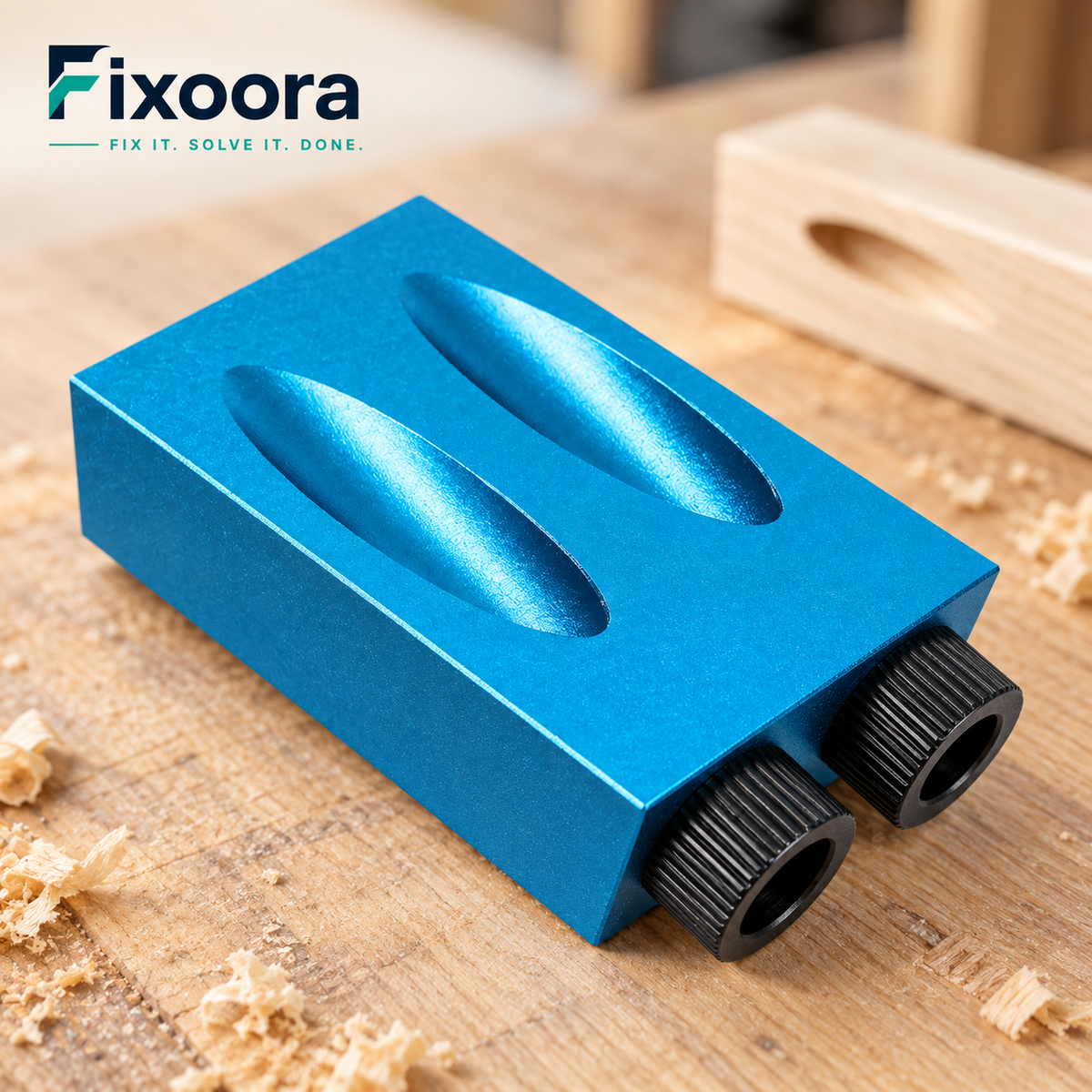 Fixoora 15° Pocket Hole Jig Kit, detail of the twin openings and knurled adapters