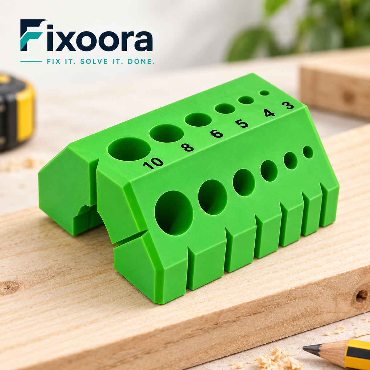 Fixoora 45 and 90 Degree Drill Guide on a timber workbench