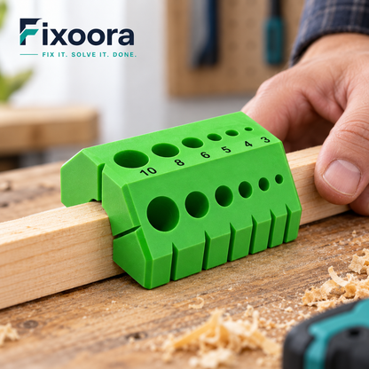 Fixoora 45 and 90 Degree Drill Guide positioned over a wood strip