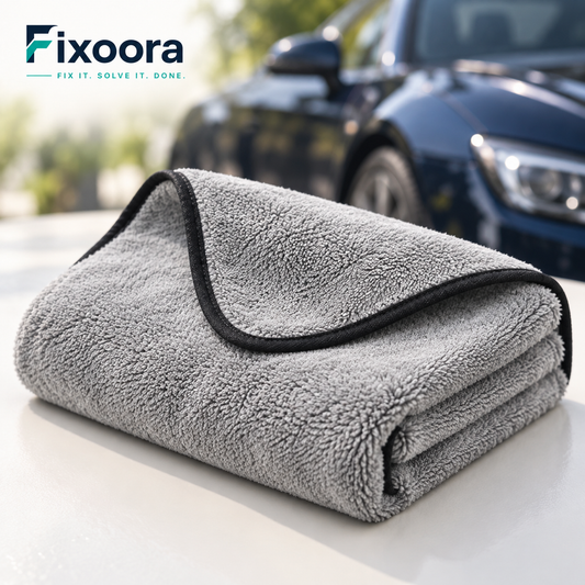 Fixoora Plush Microfiber Car Drying Towel folded beside a car