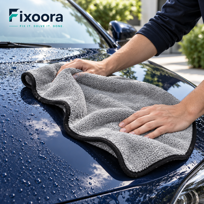 Fixoora Plush Microfiber Car Drying Towel drying a freshly washed car hood