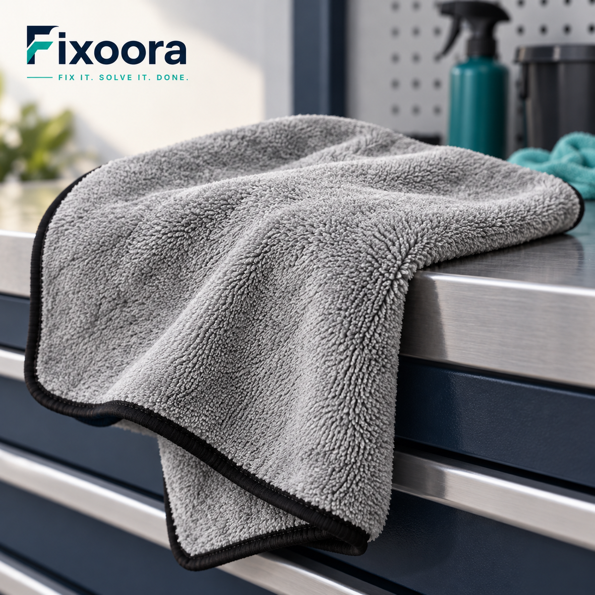 Fixoora Plush Microfiber Car Drying Towel showing gray pile and black edging