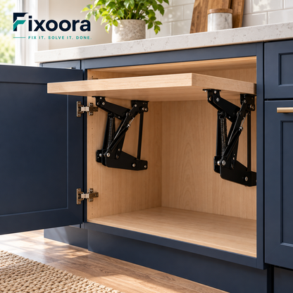 Fixoora Spring-Assisted Cabinet Appliance Lift supporting an empty shelf in a kitchen cabinet