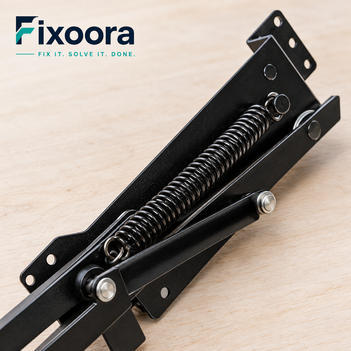 Fixoora Spring-Assisted Cabinet Appliance Lift showing the coil spring and pivot detail