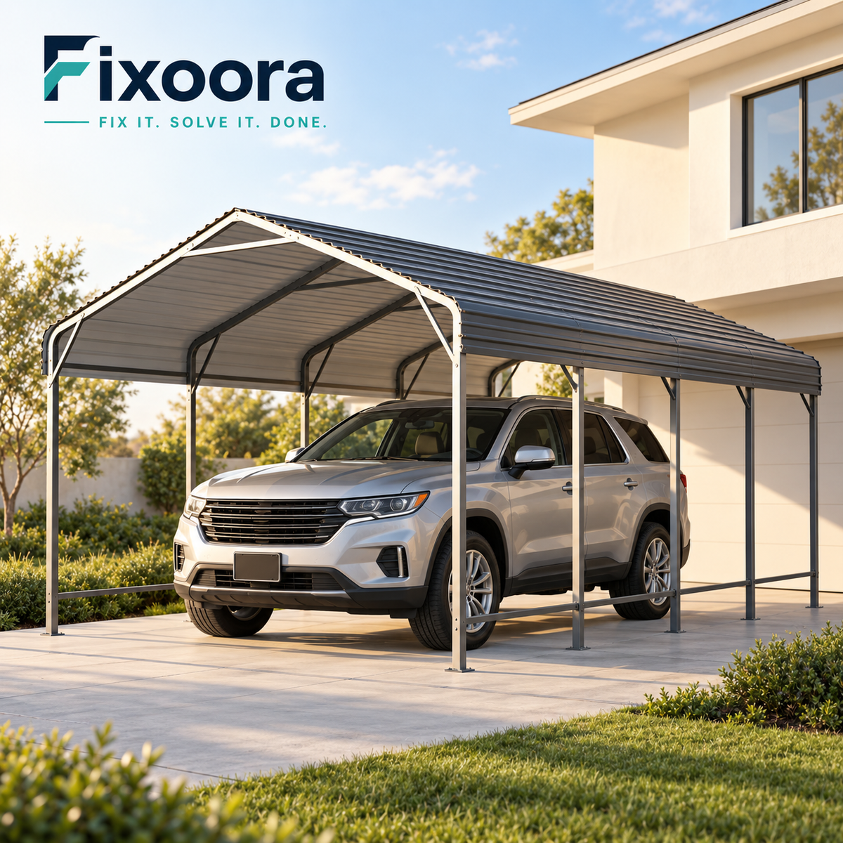 Fixoora Heavy-Duty Metal Carport sheltering a silver SUV on a residential driveway.