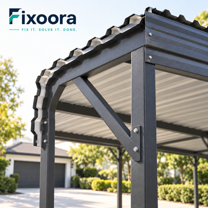 Fixoora Heavy-Duty Metal Carport steel corner post, diagonal support and metal roof detail.