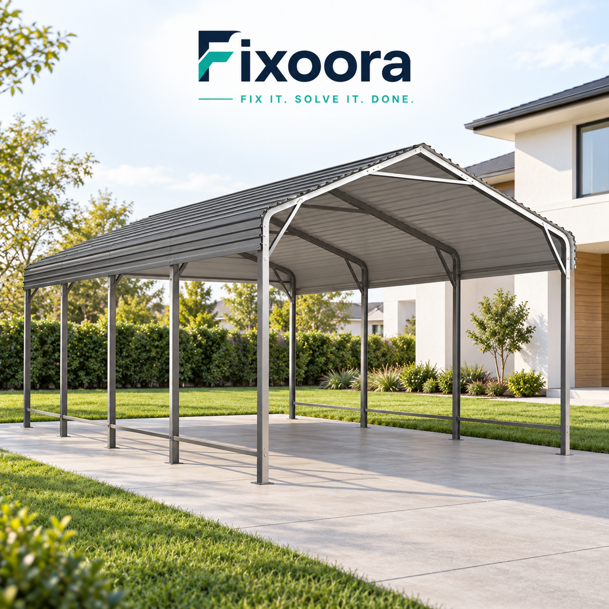 Fixoora Heavy-Duty Metal Carport with open sides and an empty covered parking area.