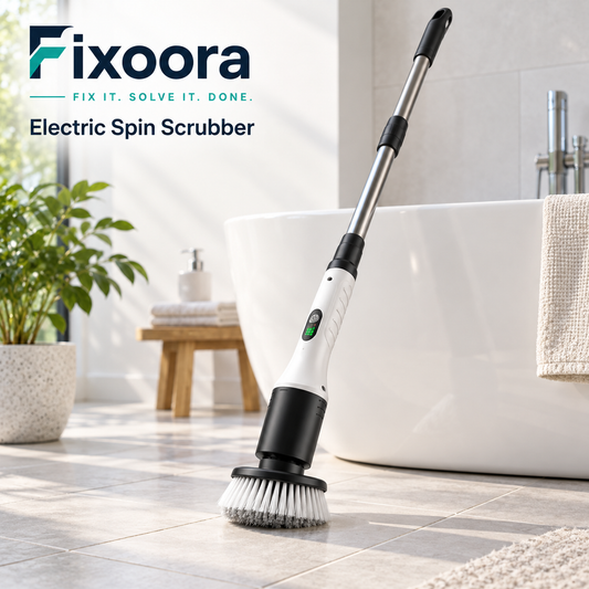 Fixoora Electric Spin Scrubber with extension handle beside a bathtub