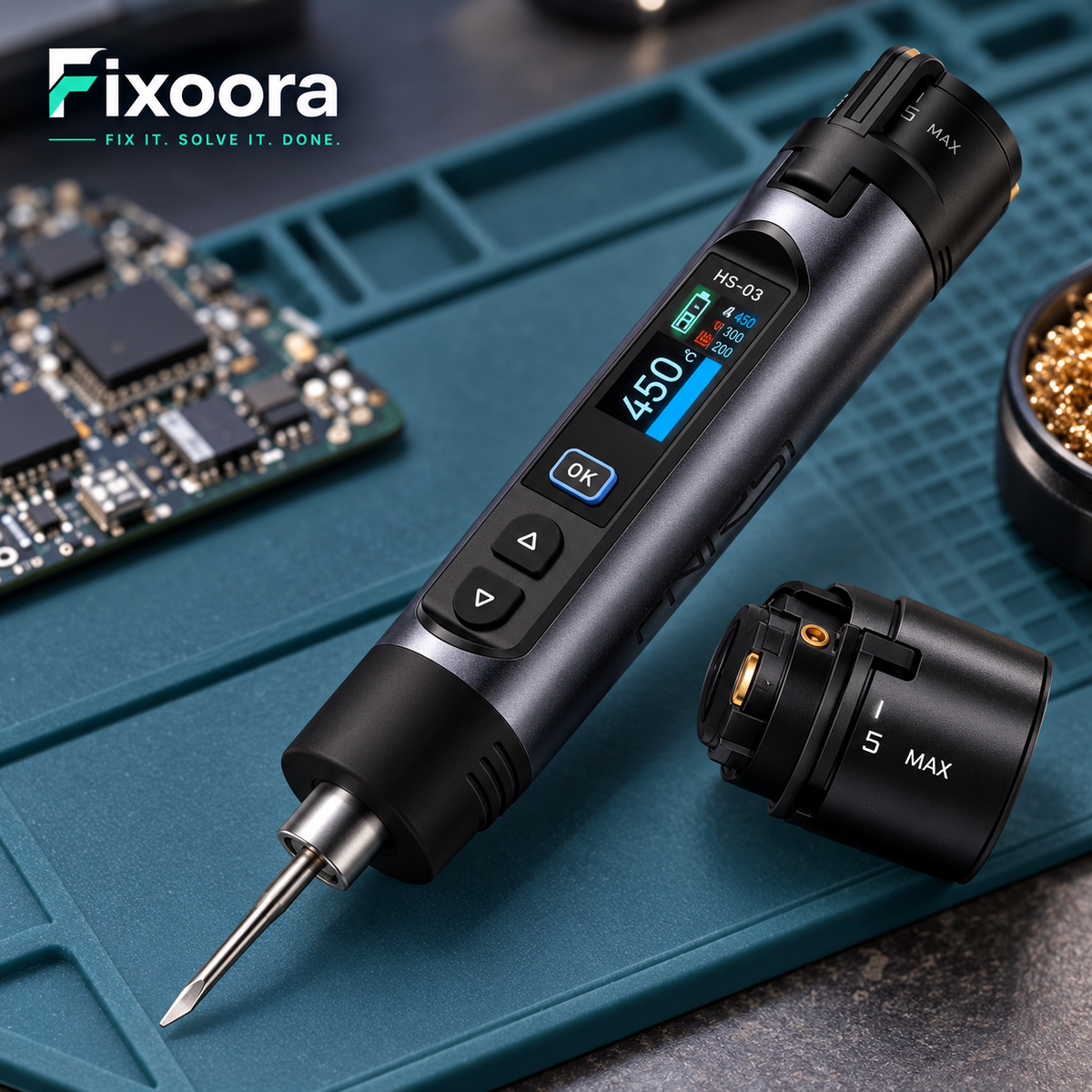 Fixoora cordless soldering iron display and removable battery detail