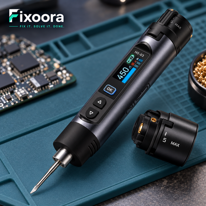 Fixoora cordless soldering iron display and removable battery detail