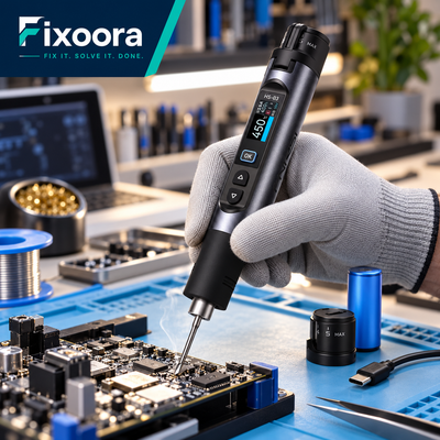 Fixoora cordless precision soldering iron on a repair bench