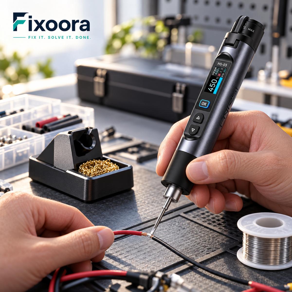 Fixoora cordless soldering iron used for a wire repair