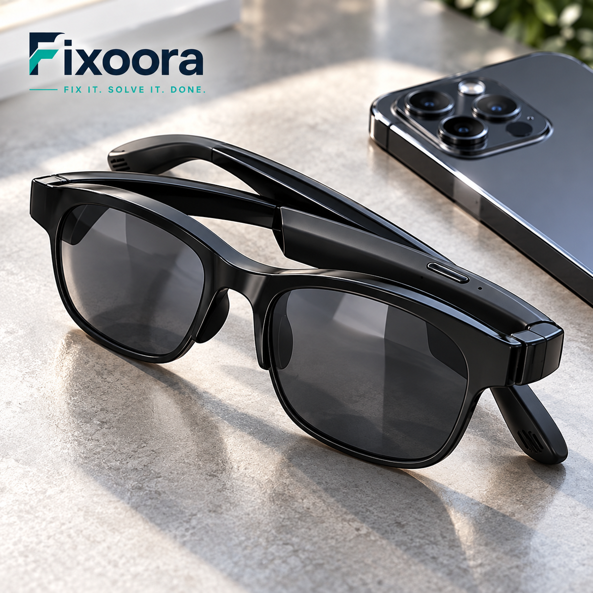 Fixoora smart glasses hinge controls and speaker arms