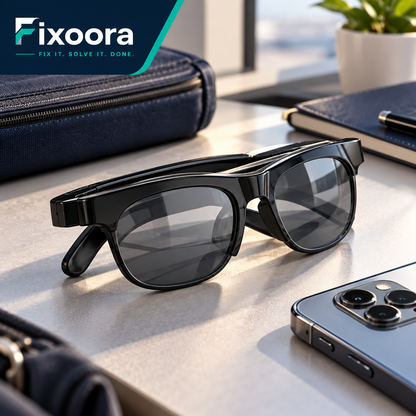 Fixoora smart audio translation glasses beside a phone