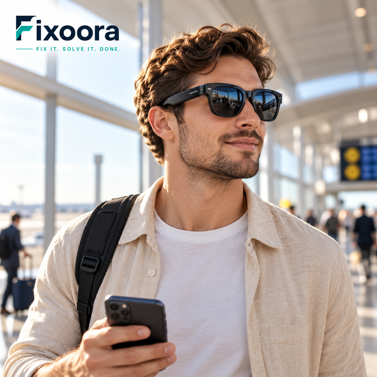 Traveler wearing Fixoora smart audio translation glasses
