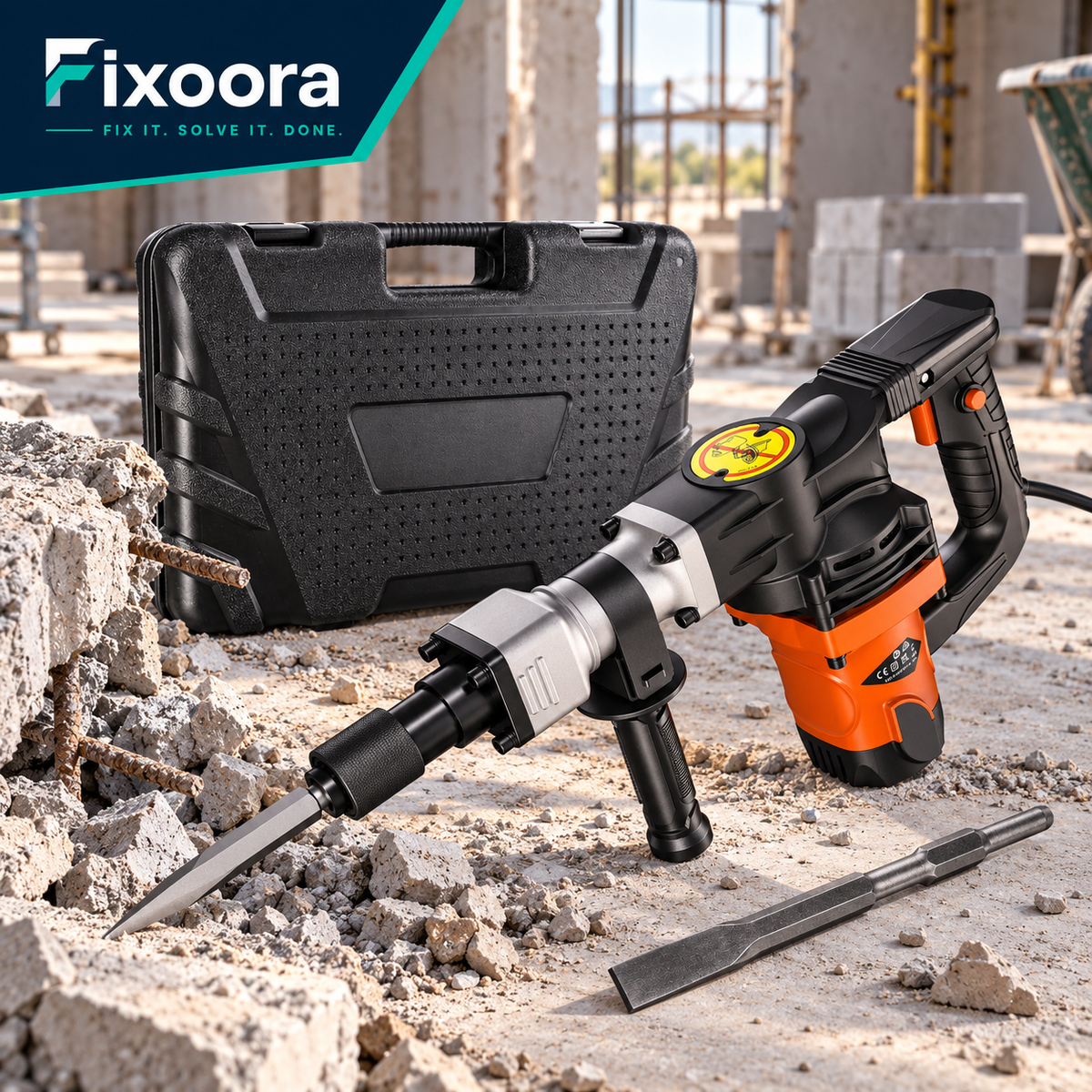 Fixoora 1400W demolition hammer kit with case and chisels
