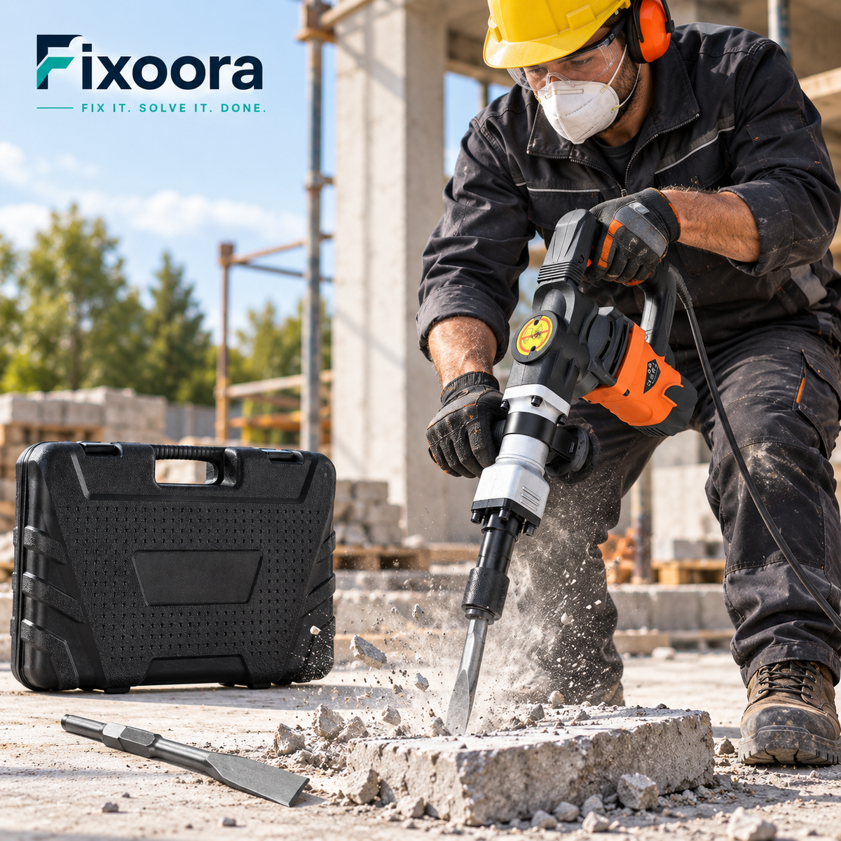 Worker using the Fixoora demolition hammer on concrete