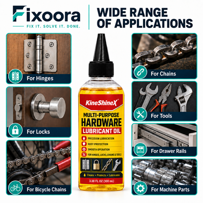 Fixoora hardware lubricant application guide showing the original KineShineX bottle with hinges, locks, chains, tools, drawer rails and machine parts