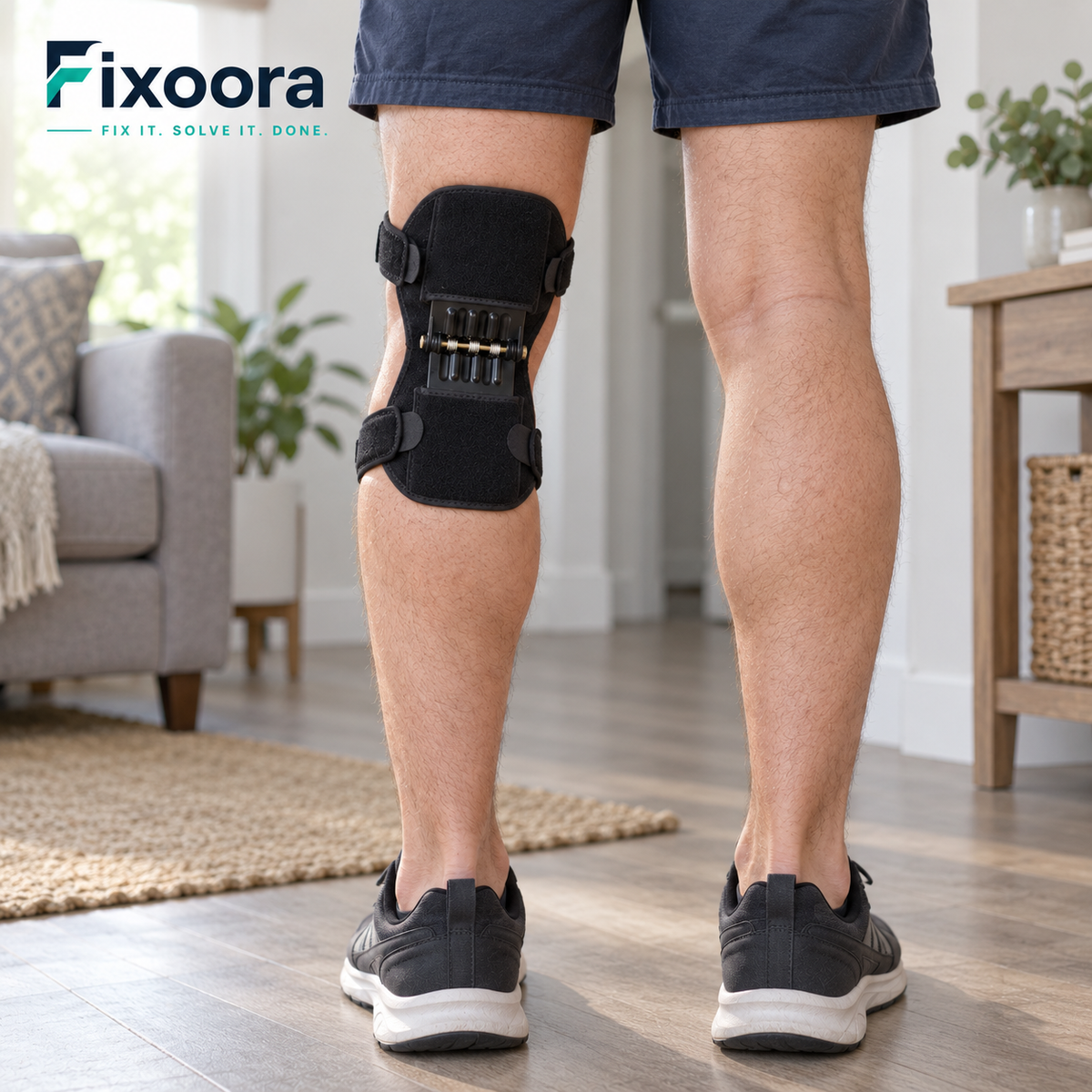 Fixoora Adjustable Spring Knee Support worn behind the knee, direct rear view with heels visible