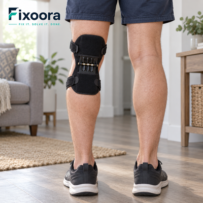 Fixoora Adjustable Spring Knee Support worn behind the knee, direct rear view with heels visible