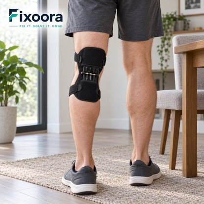 Fixoora Adjustable Spring Knee Support showing rear placement and wraparound straps beside a chair