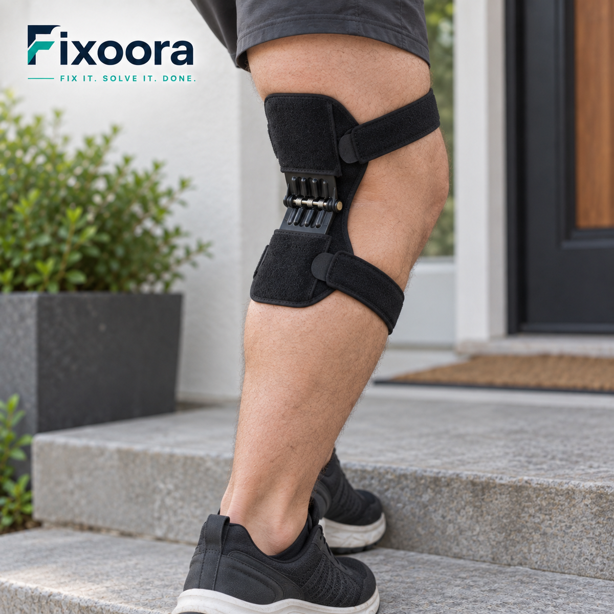 Fixoora Adjustable Spring Knee Support, rear side view of the spring mechanism behind a bent knee
