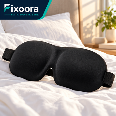 Fixoora 3D contoured sleep mask on white bedding