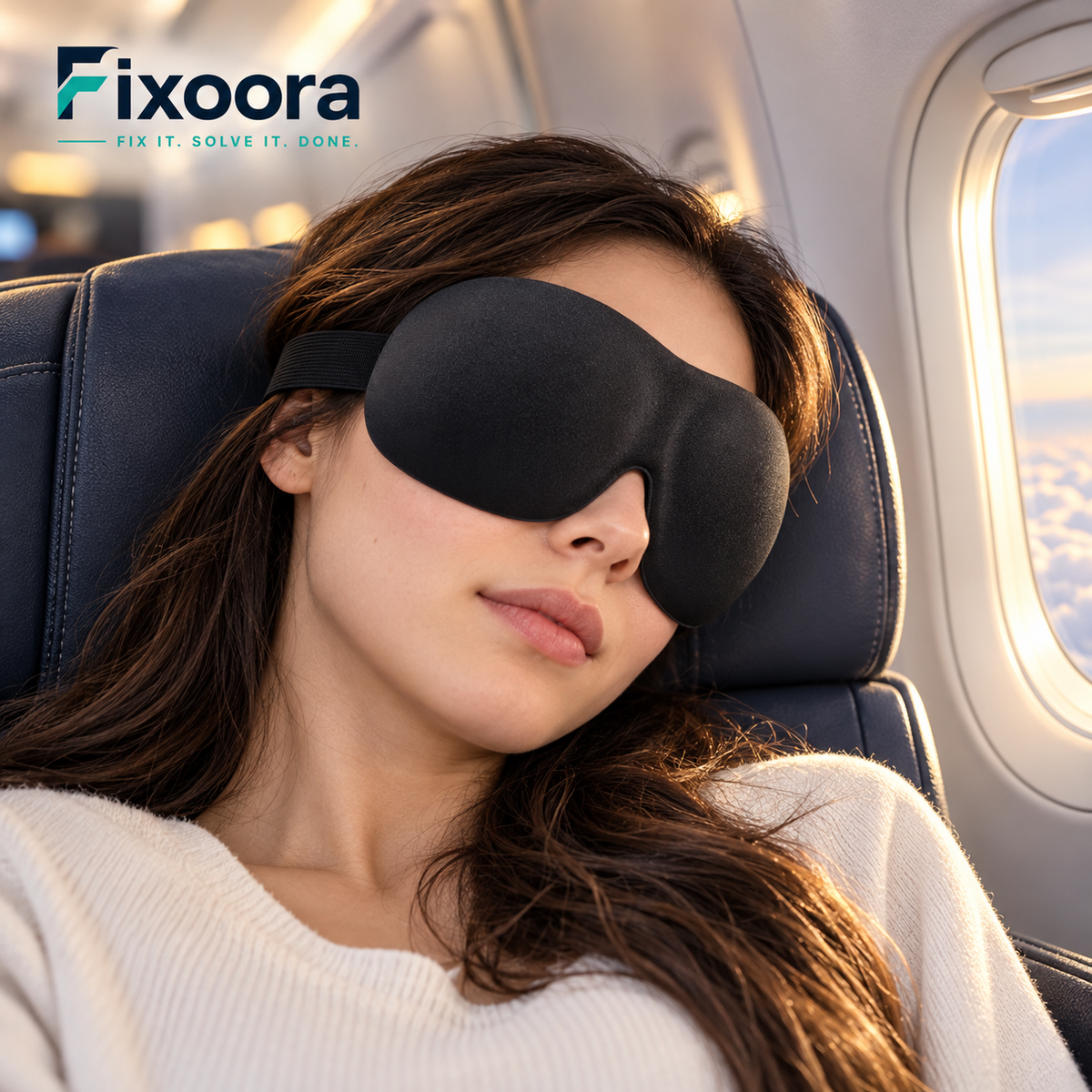 Traveler wearing the Fixoora 3D contoured sleep mask