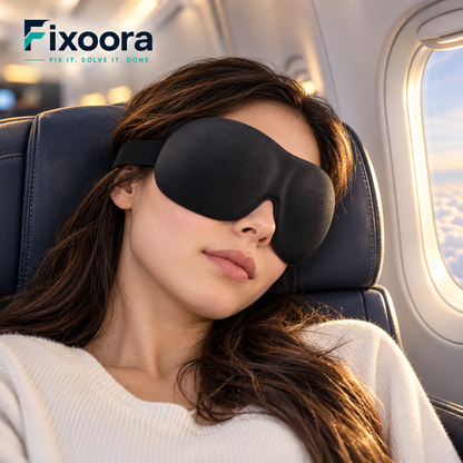 Traveler wearing the Fixoora 3D contoured sleep mask