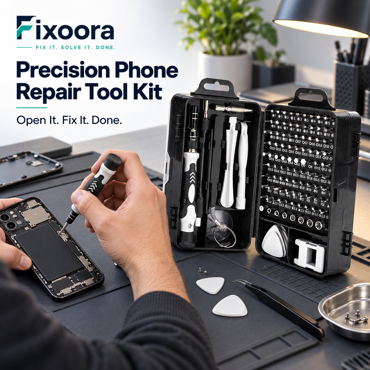Fixoora Precision Phone Repair Tool Kit used on a smartphone repair workbench