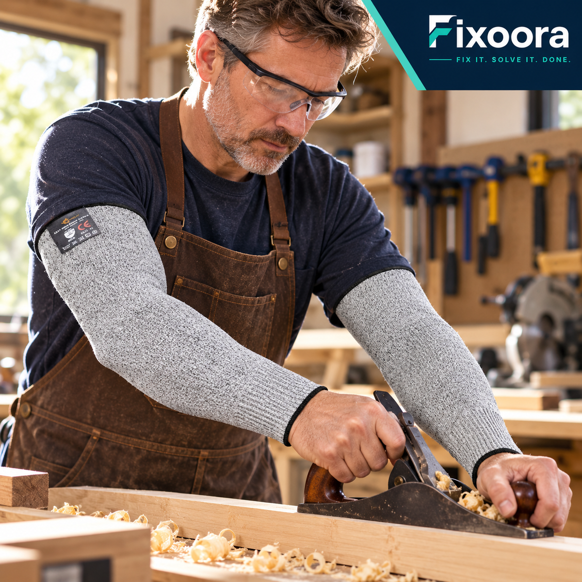 Fixoora cut-resistant arm sleeve used for workshop protection