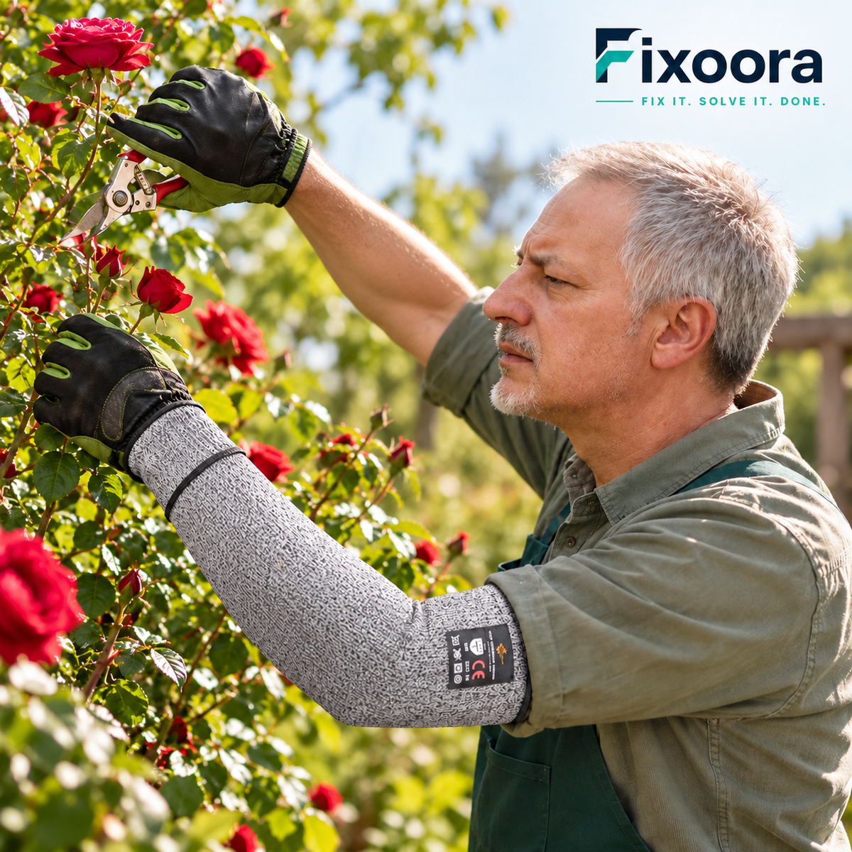 Gardener wearing one Fixoora cut-resistant arm sleeve