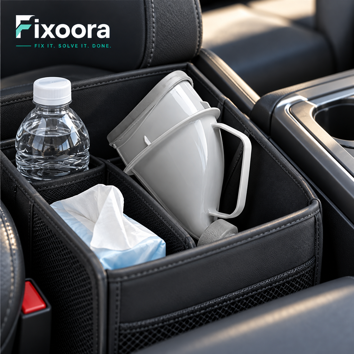 Fixoora portable urinal stored in a car organizer