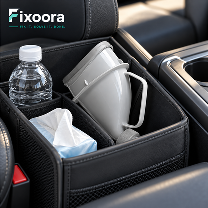 Fixoora portable urinal stored in a car organizer