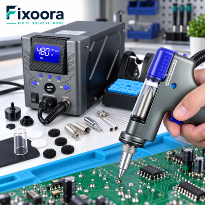 Fixoora desoldering gun positioned over a circuit board joint