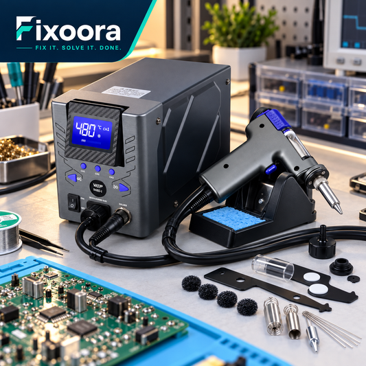 Fixoora precision desoldering station on an electronics repair bench