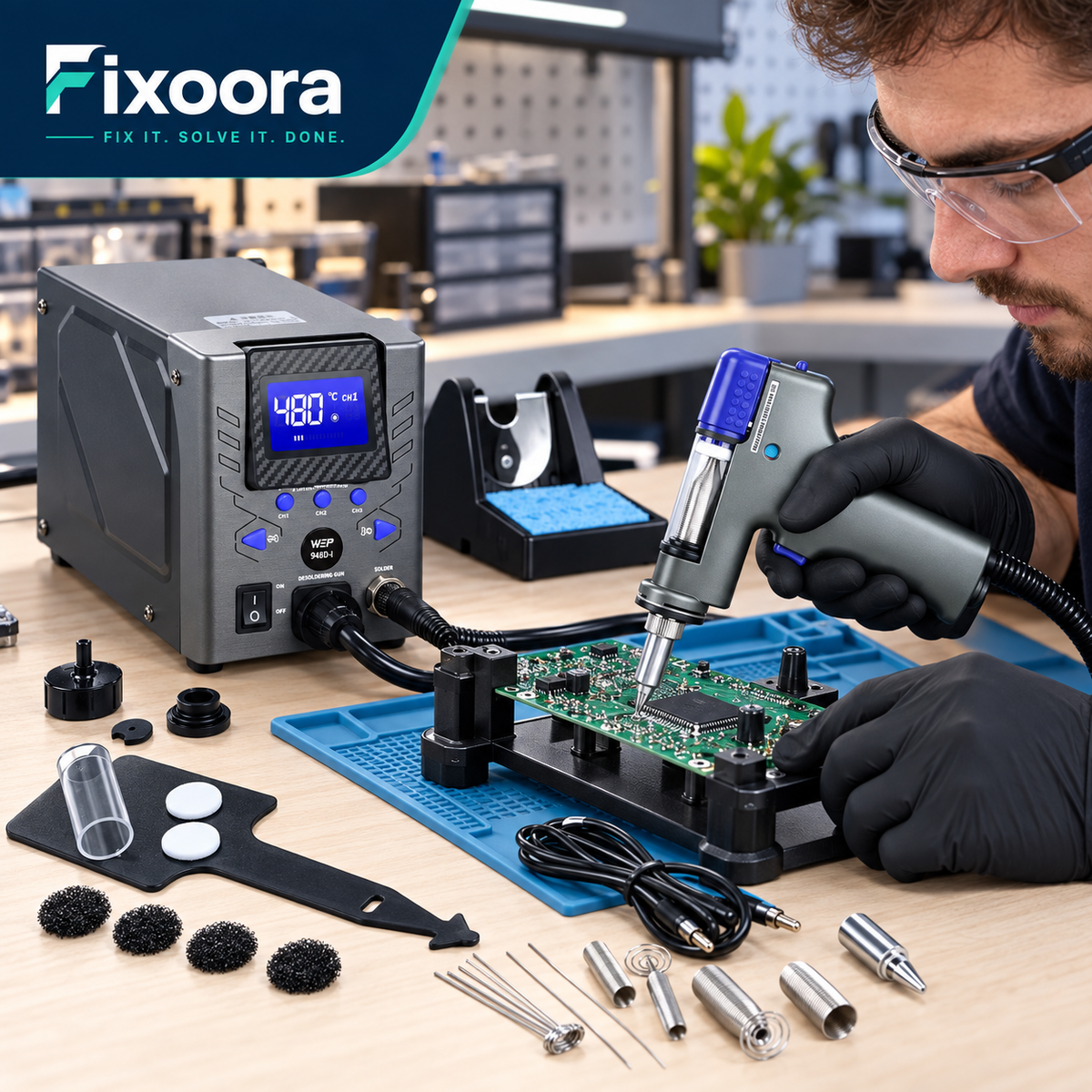 Technician using the Fixoora precision desoldering station