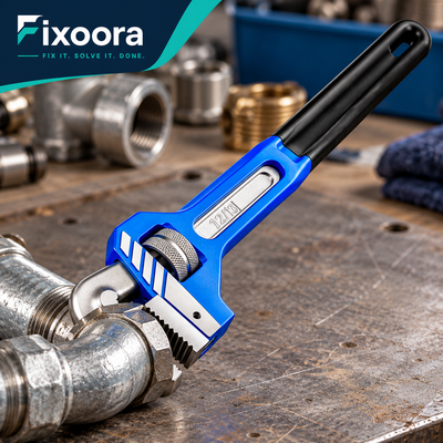Fixoora heavy-duty adjustable pipe wrench on a plumbing bench