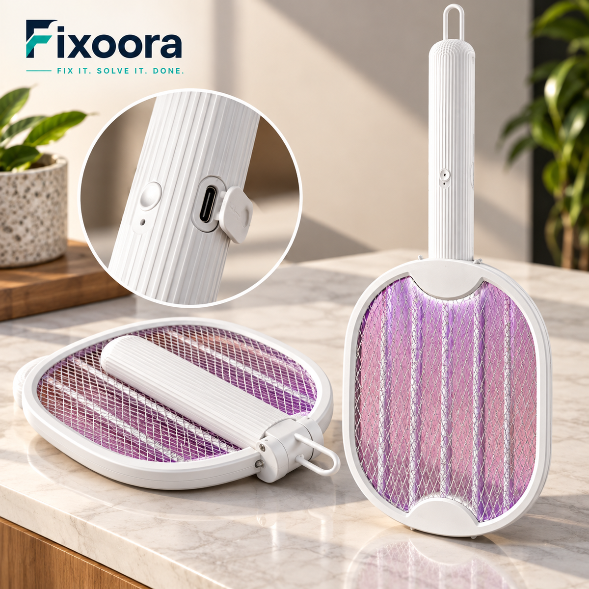 Fixoora bug zapper mesh hinge and charging detail